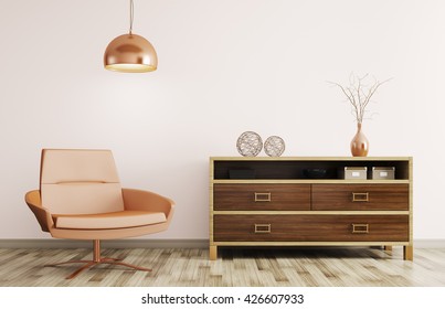 Modern Interior Of Living Room With Wooden Dresser, Recliner Chair And Lamp 3d Rendering