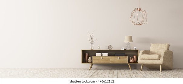 Modern interior of living room with wooden cabinet and armchair panorama 3d rendering