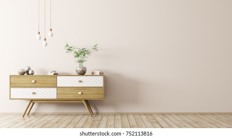 Modern Interior Of Living Room With Wooden Sideboard And Light Bulbs Over Beige Wall 3d Rendering