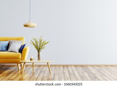 Modern Interior Of Living Room With Yellow Sofa, Wooden Coffee Table And Lamp 3d Rendering