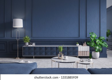 Modern Interior Of Living Room,blue Tv Cabinet With  Sofa , Dark Blue Wall And Concrete Gray Tile Floor,3d Rendering