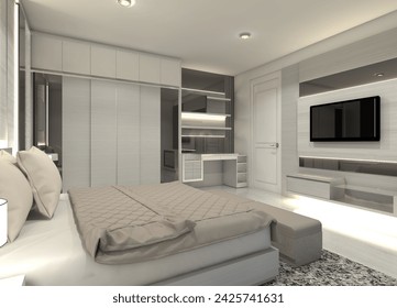Modern interior master bedroom with clothes wardrobe, working desk and TV cabinet. Using white color style furnishing, lighting decoration and include shelving rack display.
