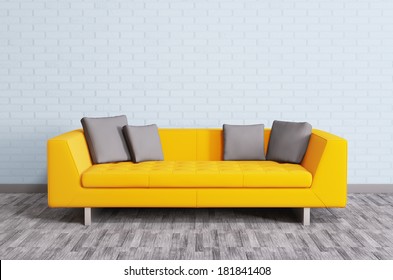 Modern interior with orange sofa over the brick wall 3d render - Shutterstock ID 181841408
