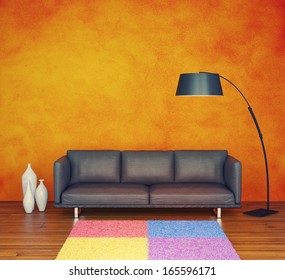 modern interior with orange wall