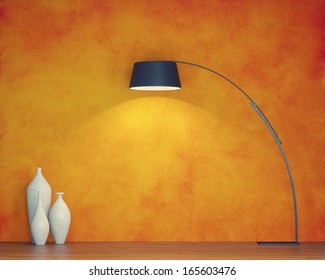 Modern Interior With Orange Wall And Floor Lamp