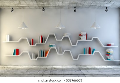 Modern interior room with a beautiful furniture. Minimalist bookshelf over dramatic concrete and wood background, modern art. 3d render.