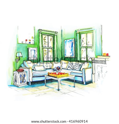 Modern interior of room with sofa and two windows on wall background. sketch trendy contemporary stylish illustrarion. green, blue, red, orange, sunshine color.