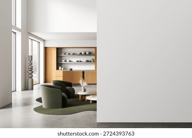 Modern interior scene with empty white wall for poster or design mockup, featuring clean layout, green chairs, and wooden cabinet. 3D Rendering