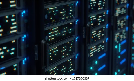 Modern interior server room data center. Connection and cyber network in dark servers. Backup, mining, hosting, mainframe, farm, cloud and computer rack with storage information. Close up,3D rendering