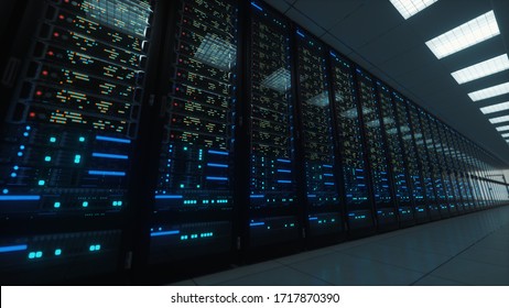 Modern interior server room data center. Connection and cyber network in dark servers. Backup, mining, hosting, mainframe, farm, cloud and computer rack with storage information. 3D rendering