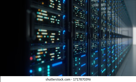 Modern Interior Server Room Data Center. Connection And Cyber Network In Dark Servers. Backup, Mining, Hosting, Mainframe, Farm, Cloud And Computer Rack With Storage Information. Close Up,3D Rendering