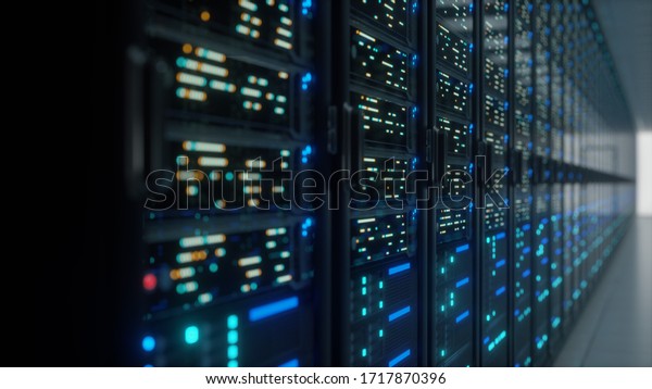 Modern interior server room data center.\
Connection and cyber network in dark servers. Backup, mining,\
hosting, mainframe, farm, cloud and computer rack with storage\
information. Close up,3D\
rendering