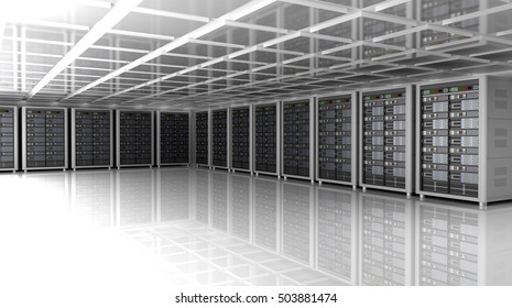 Modern Interior Of Server Room In Datacenter, 3D Illustration