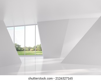 Modern interior space with nature view 3d render There are large window look out to see the garden view,sunlight shining into the room.