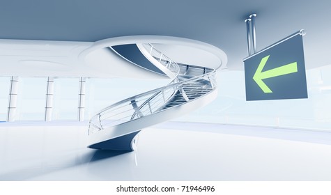 Modern Interior with spiral staircase and pointer sign