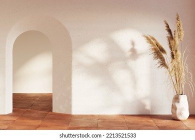 Modern Interior With A Sunbeam On The Blank White Wall, Arched Doorway, Large Ears Of Corn In Clay Vase, Terracotta Ceramic Tile Floor. Front View. 3d Render