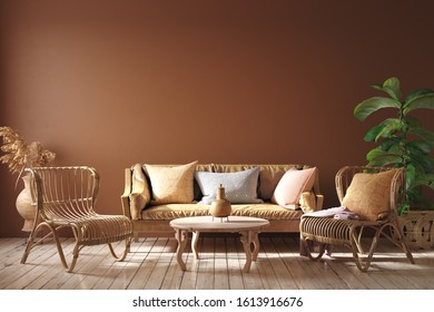 Modern interior in terracotta color  with leather sofa, rattan armchairs and flower, 3d render