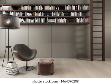 Modern Interior With Wall Panels Designed As Home Library. 3d Illustration.