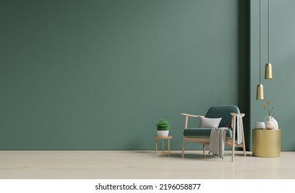 Modern Interior Of Wall Space With Green Armchair On Empty Dark Green Room.3d Rendering