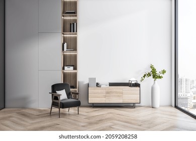 Modern interior with wooden flooring, bookcase, armchair, decorative plant and window with city view. Mock up, 3D Rendering