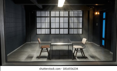 Modern interrogation room seen through a security glass window 3d illustration