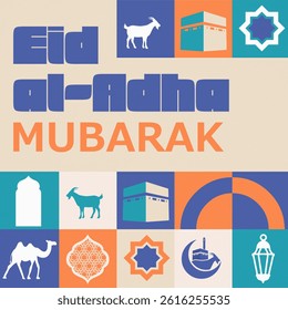 Modern Islamic design for Eid al-Adha featuring bold typography, geometric symbols, Kaaba, goat, camel, and lanterns. Retro-inspired color palette with flat vector style for festive visuals. - Powered by Shutterstock - Get 15% off with code: PIKWIZARD15