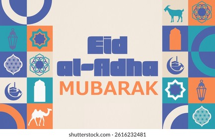 Modern Islamic flat design featuring geometric patterns, crescent, Kaaba, goat, and lantern icons. Mid-century color palette with bold typography for Eid al-Adha celebration.