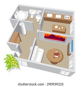 Modern Isometric Cottage Interior. Isometric Open Plan House.part Of Architectural Project Ground Floor Plan Floorplan House Home Building Architecture Blueprint Layout Detailed Plan. Raster