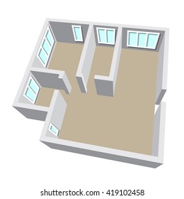 Modern Isometric Cottage Interior. Isometric Open Plan House, Apartment , Part Of Architectural Project Floorplan House Home Building Architecture Blueprint Layout Plan. 3d Illustration Raster