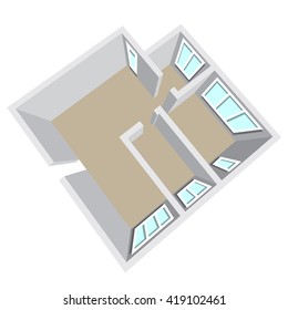 Modern Isometric Cottage Interior. Isometric Open Plan House, Apartment , Part Of Architectural Project Floorplan House Home Building Architecture Blueprint Layout Plan. 3d Illustration Raster