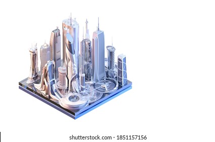 Modern Isometric Megapolis, 3d Location Map With Living And Industrial Buildings, Skyscrapers, City Landmarks, Streets. Megalopolis Infographic Illustration, Smart City Business Center Design Template