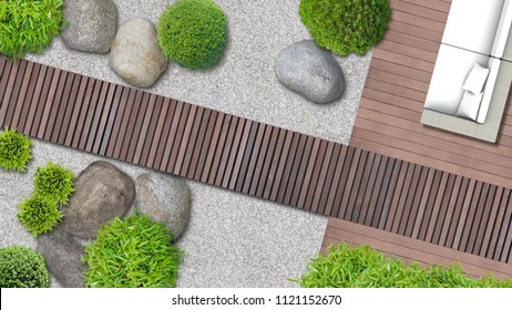 Modern Japanese Garden Architecture With Terrace In Top View - 2D Composite Illustration