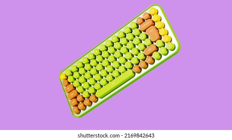 Modern Keyboard In The Air, 3d Rendering. Green Gamer Keyboard Isolated On A Pink Background