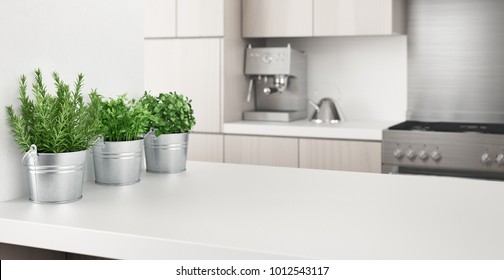 Modern kitchen with aromatics plants, 3d render illustration