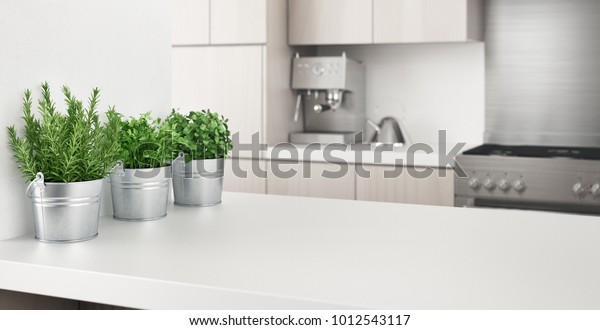 Modern kitchen with aromatics plants, 3d\
render\
illustration