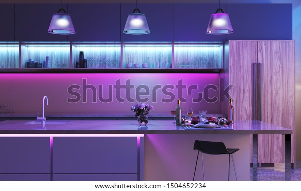 Modern kitchen with colored led lights. Light\
strip in blue color and three lamps in purple color. Smart House\
interior - 3D\
render