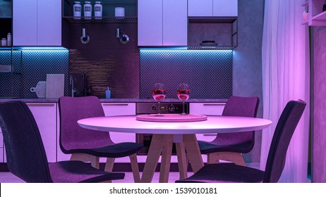 Modern Kitchen With Colored Lights - 3D Illustration