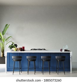 Modern Kitchen Design With Blue Cabinet And Black Chair Wall Mockup