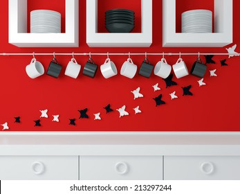 Modern Kitchen Design, White Furniture And Red Wall. Ceramic Kitchenware On The Shelf. Butterfly Decor On The Wall.