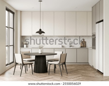Modern Kitchen with Elegant Dining Space and Style with stylish cabinetry. 3d render.