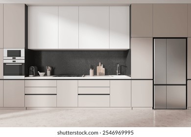 A modern kitchen featuring sleek cabinets, built-in appliances, and a refrigerator. Clean, minimalist design concept in a neutral-toned room. 3D Rendering