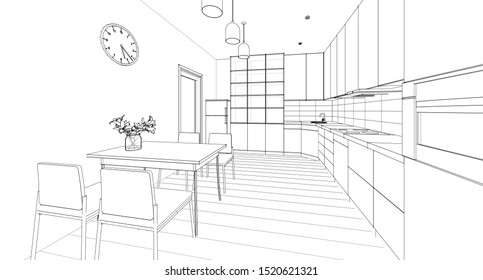 Interior Design Modern Kitchen Drawing Plan Stock Illustration 1101658982