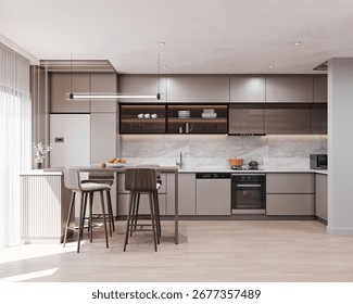 Modern kitchen interior 3D render with marble backsplash, minimalist cabinets, kitchen island, bar stools, and natural lighting, perfect for real estate and interior design. - Powered by Shutterstock - Get 15% off with code: PIKWIZARD15