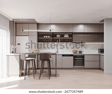 Modern kitchen interior 3D render with marble backsplash, minimalist cabinets, kitchen island, bar stools, and natural lighting, perfect for real estate and interior design.