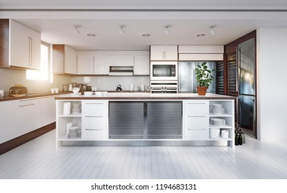 Modern  Kitchen Interior. 3d Rendering Design Concept