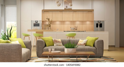 Modern kitchen interior. 3d rendering. - Shutterstock ID 1405693082