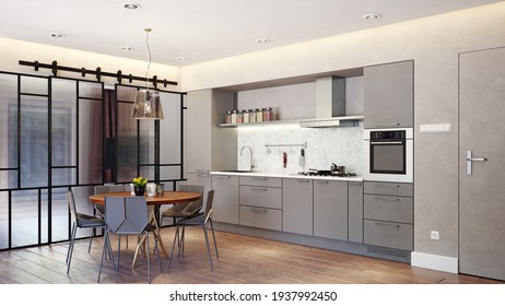 Modern Kitchen Interior. 3d Rendering Design Concept