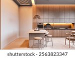 Modern kitchen interior with beige walls, wooden cabinets, stylish island, stools, and lighted backsplash. Contemporary cozy home space. 3D Rendering.