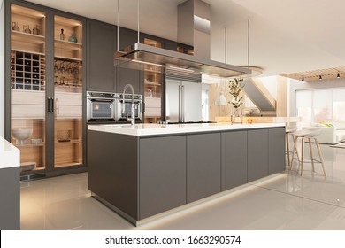 Modern Kitchen Interior In Black Color. 3D Render