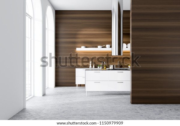 Modern Kitchen Interior Dark Wooden Walls Stock Image Download Now